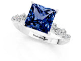 White gold Princess Cut Blue Sapphire Cluster Side Stone Solitaire Ring with Prong Setting_25