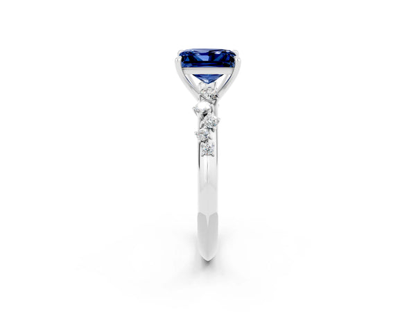 White gold Princess Cut Blue Sapphire Cluster Side Stone Solitaire Ring with Prong Setting