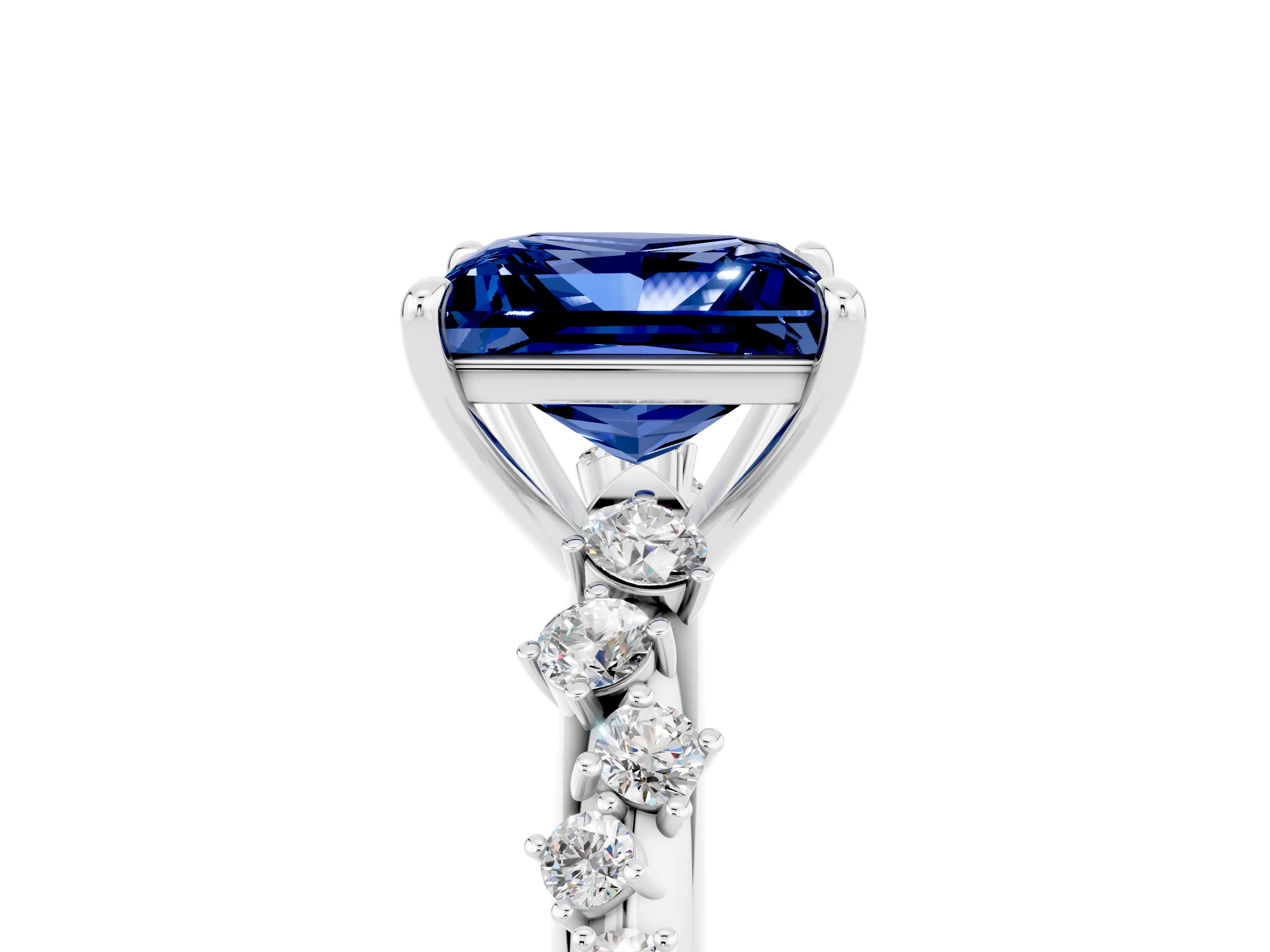 White gold Princess Cut Blue Sapphire Cluster Side Stone Solitaire Ring with Prong Setting_29