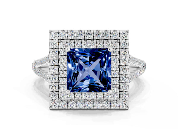 Platinum Princess Cut Blue Sapphire Double Halo Ring with Pavé Band and Prong Setting