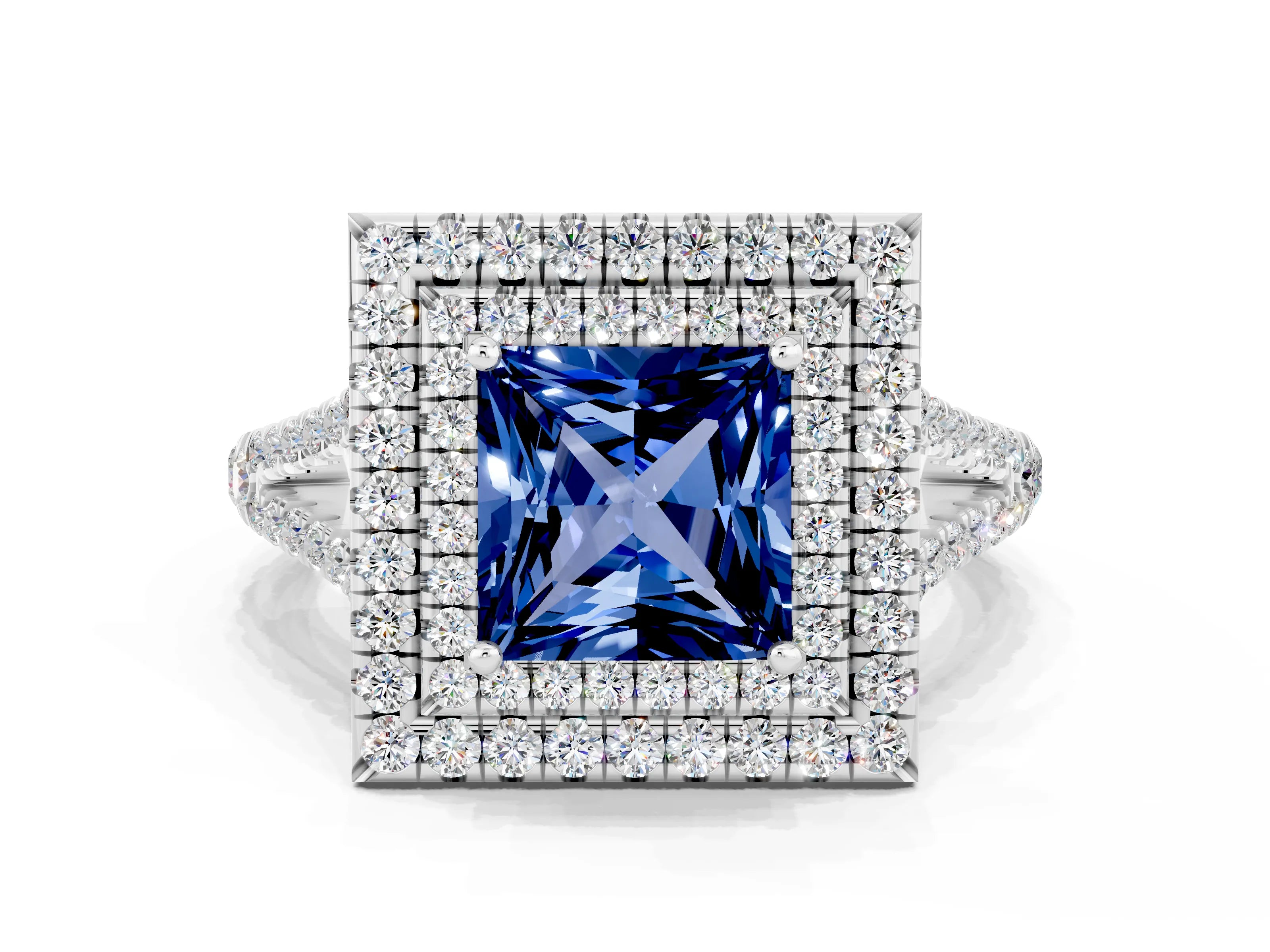 White gold Princess Cut Blue Sapphire Double Halo Ring with Pavé Band and Prong Setting_12