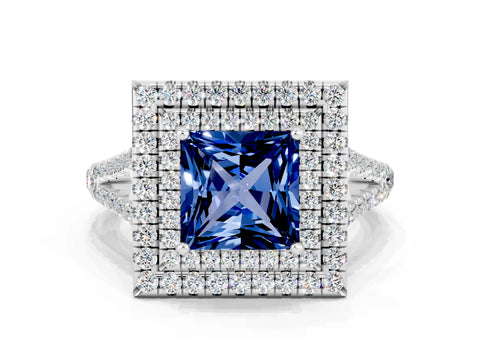 White gold Princess Cut Blue Sapphire Double Halo Ring with Pavé Band and Prong Setting_12