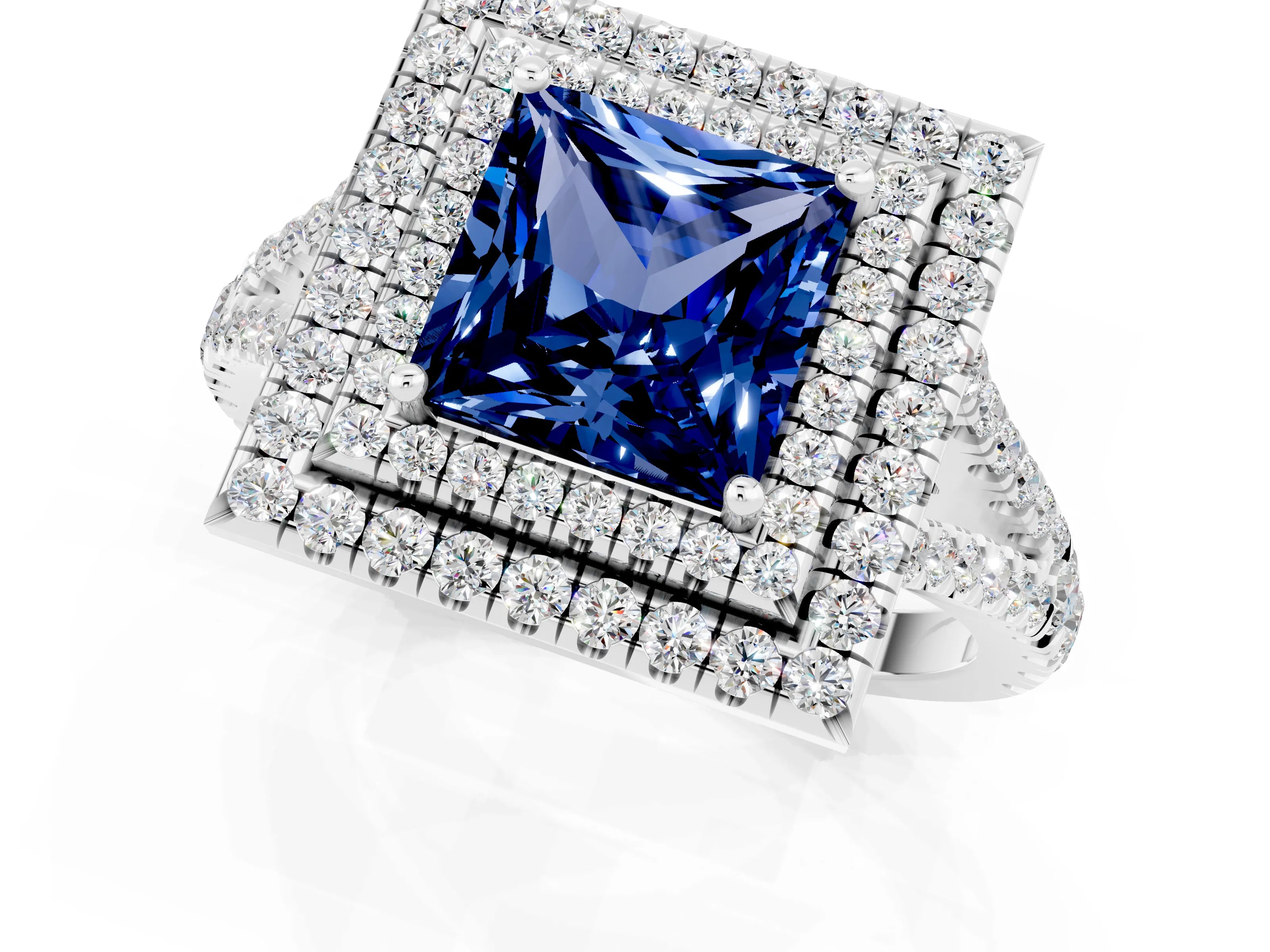White gold Princess Cut Blue Sapphire Double Halo Ring with Pavé Band and Prong Setting_13