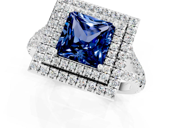 Silver Princess Cut Blue Sapphire Double Halo Ring with Pavé Band and Prong Setting