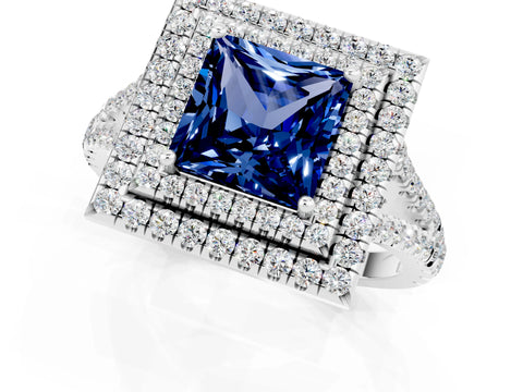White gold Princess Cut Blue Sapphire Double Halo Ring with Pavé Band and Prong Setting_13