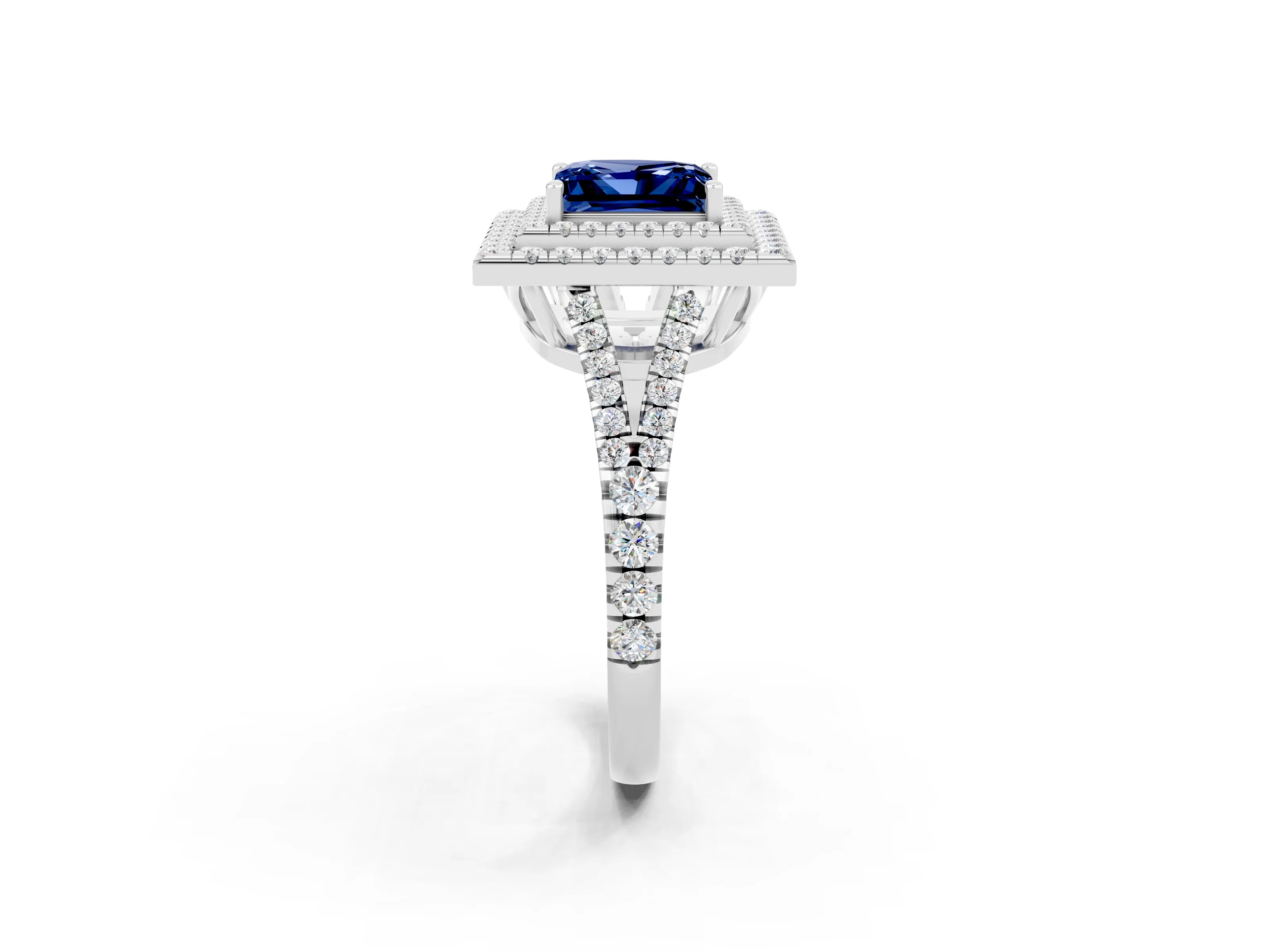 White gold Princess Cut Blue Sapphire Double Halo Ring with Pavé Band and Prong Setting_14