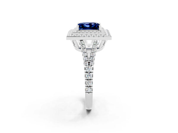White gold Princess Cut Blue Sapphire Double Halo Ring with Pavé Band and Prong Setting