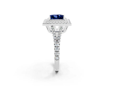 White gold Princess Cut Blue Sapphire Double Halo Ring with Pavé Band and Prong Setting_14
