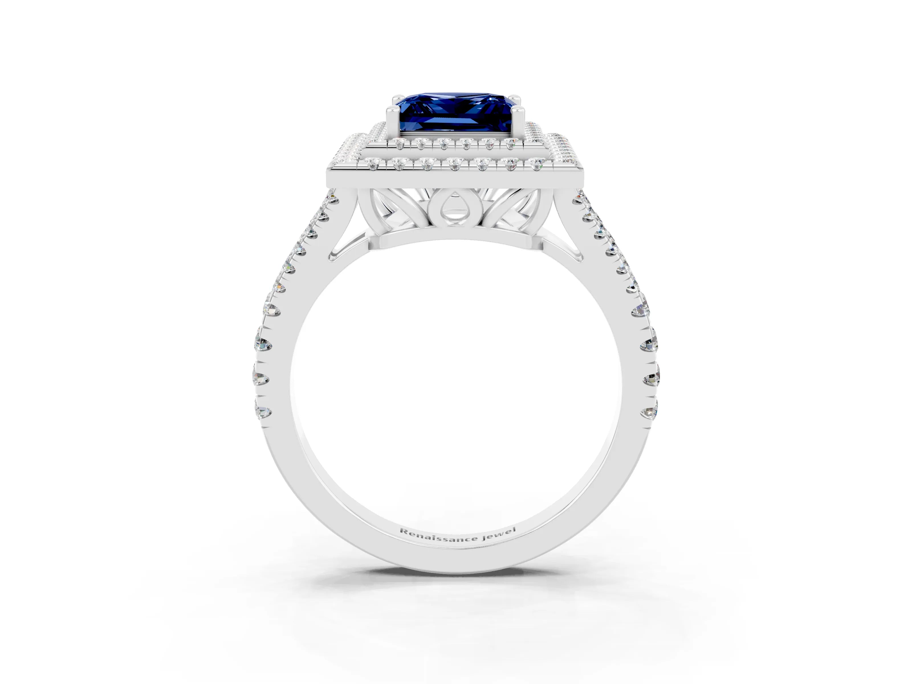 White gold Princess Cut Blue Sapphire Double Halo Ring with Pavé Band and Prong Setting_15