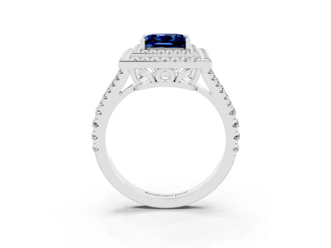 White gold Princess Cut Blue Sapphire Double Halo Ring with Pavé Band and Prong Setting_15