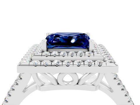 White gold Princess Cut Blue Sapphire Double Halo Ring with Pavé Band and Prong Setting_16
