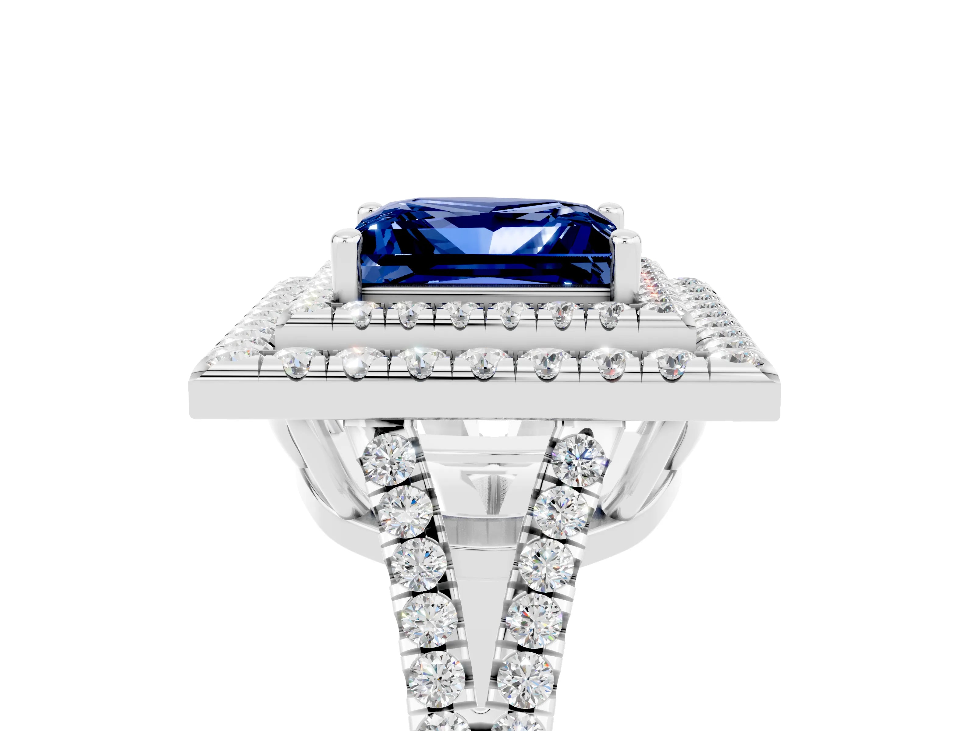White gold Princess Cut Blue Sapphire Double Halo Ring with Pavé Band and Prong Setting_17