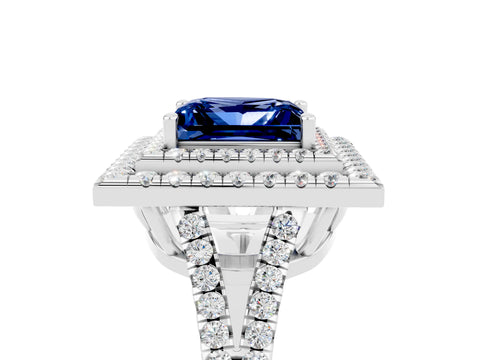 White gold Princess Cut Blue Sapphire Double Halo Ring with Pavé Band and Prong Setting_17