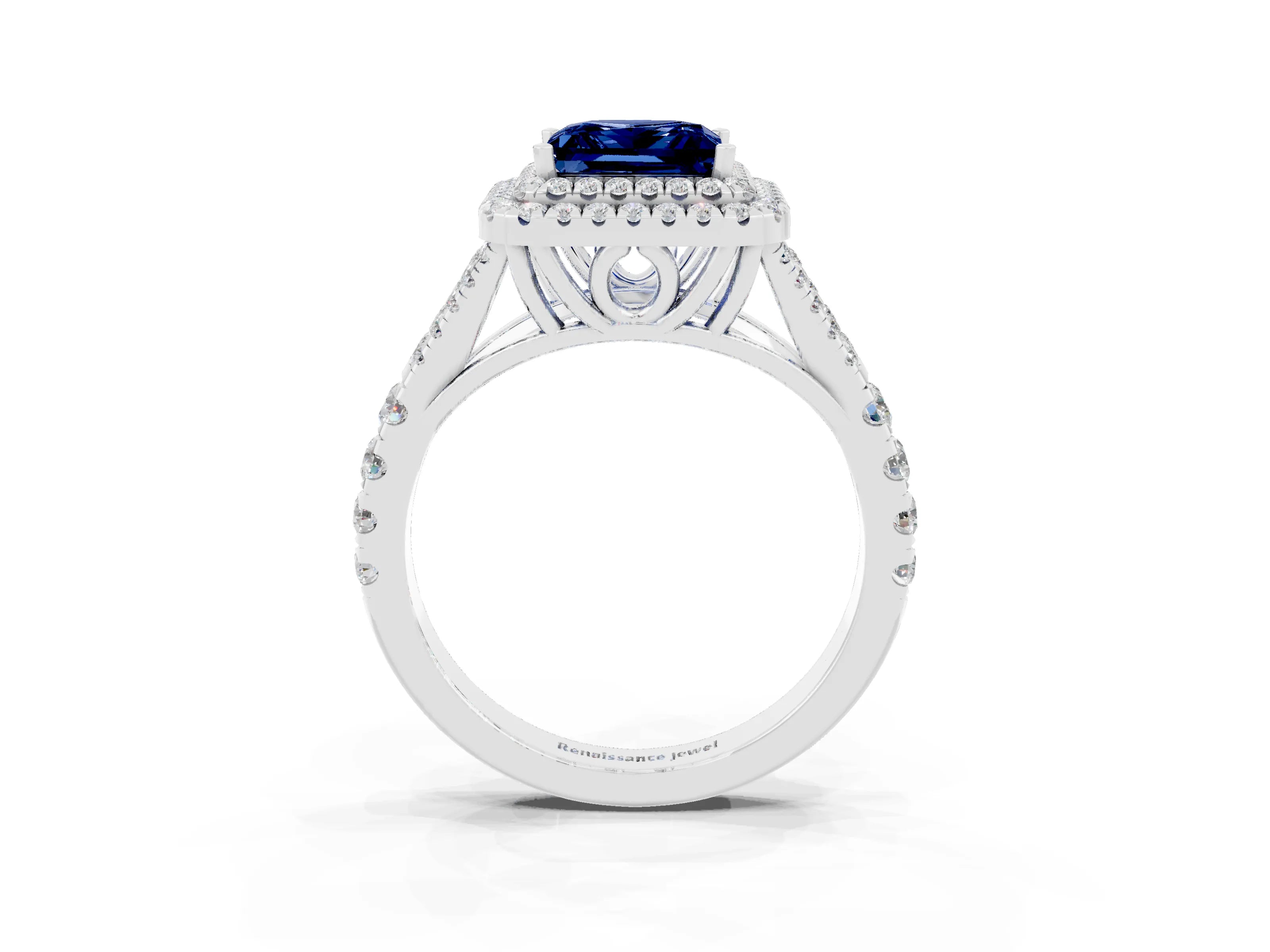 White gold Princess Cut Blue Sapphire Double Halo Ring with Split Shank and Prong Setting_15