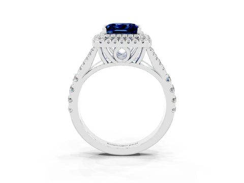White gold Princess Cut Blue Sapphire Double Halo Ring with Split Shank and Prong Setting_15