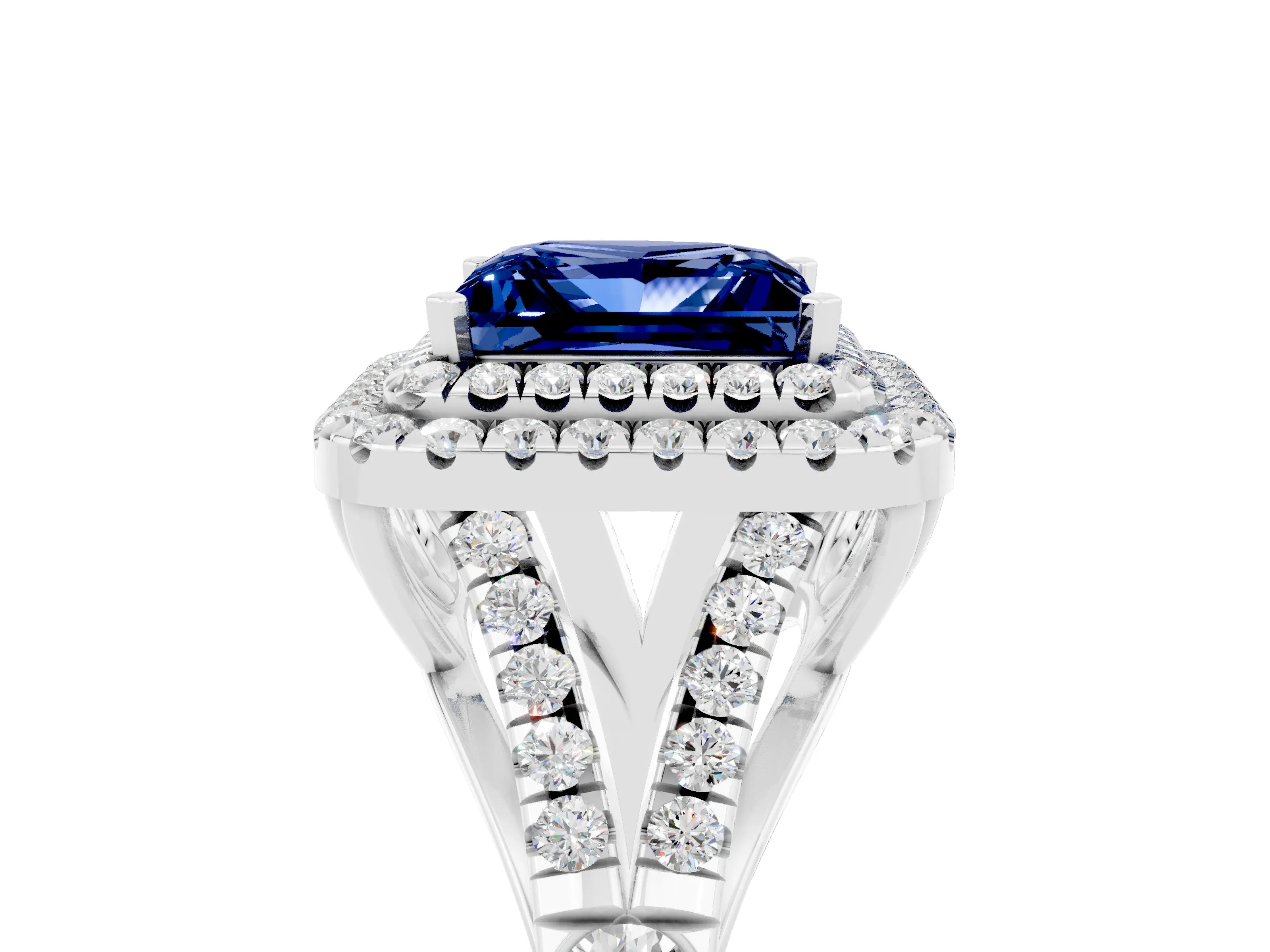 White gold Princess Cut Blue Sapphire Double Halo Ring with Split Shank and Prong Setting_17
