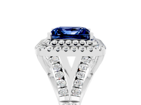 White gold Princess Cut Blue Sapphire Double Halo Ring with Split Shank and Prong Setting_17