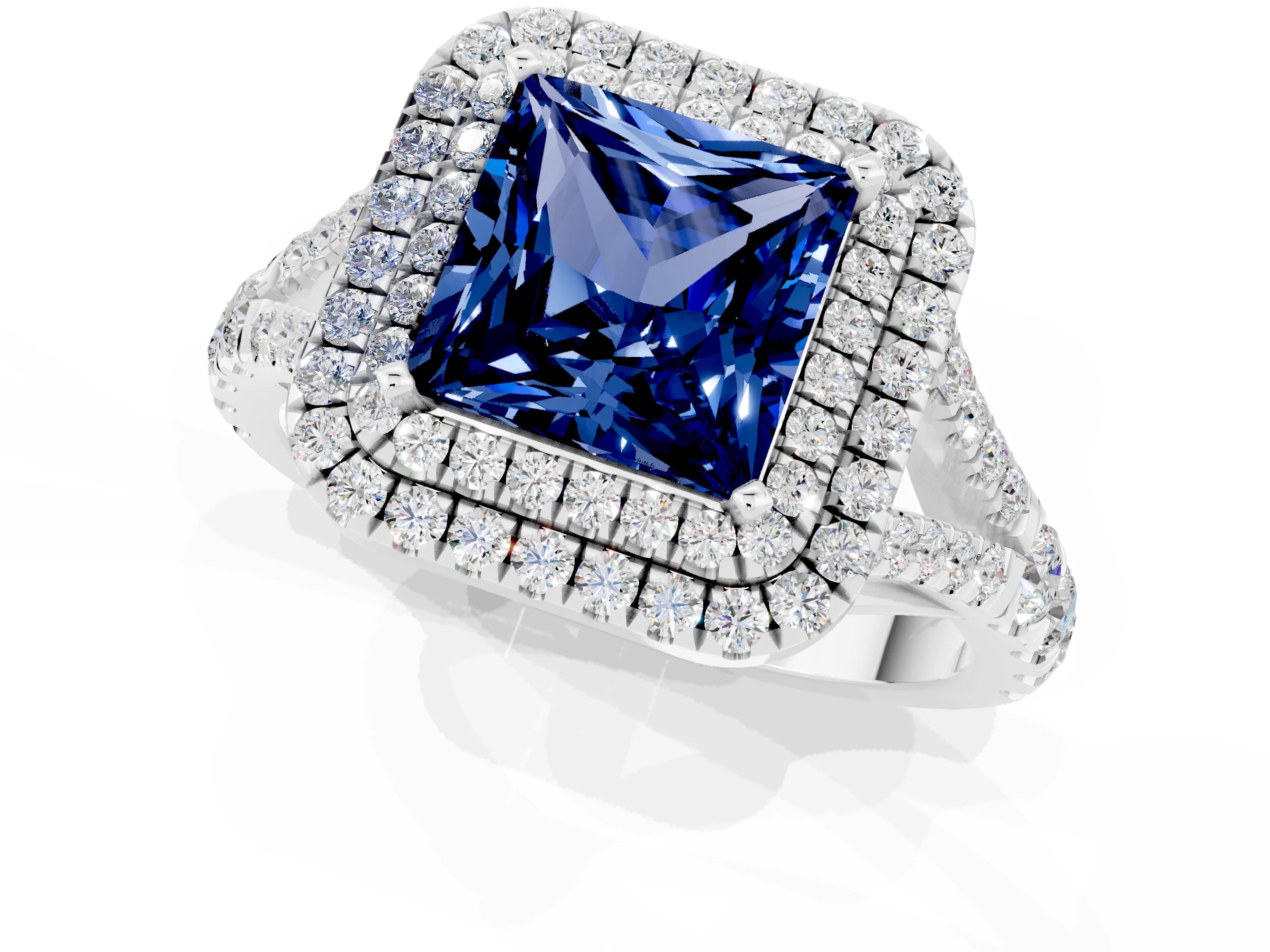 White gold Princess Cut Blue Sapphire Double Halo Ring with Split Shank and Prong Setting_25