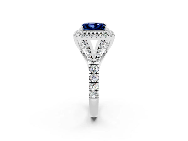 White gold Princess Cut Blue Sapphire Double Halo Ring with Split Shank and Prong Setting