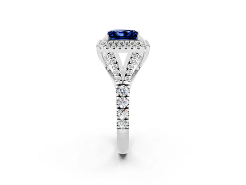White gold Princess Cut Blue Sapphire Double Halo Ring with Split Shank and Prong Setting_26