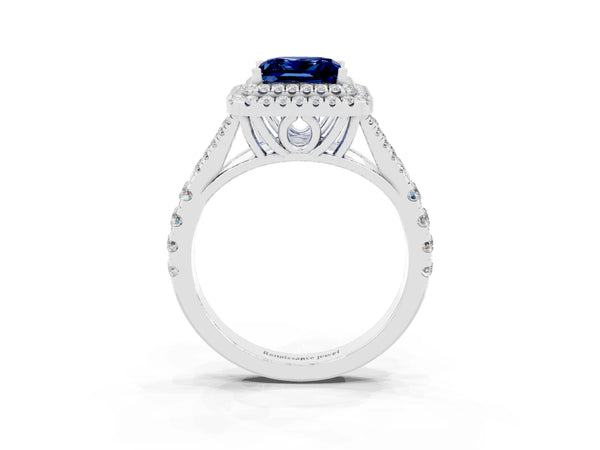 White gold Princess Cut Blue Sapphire Double Halo Ring with Split Shank and Prong Setting