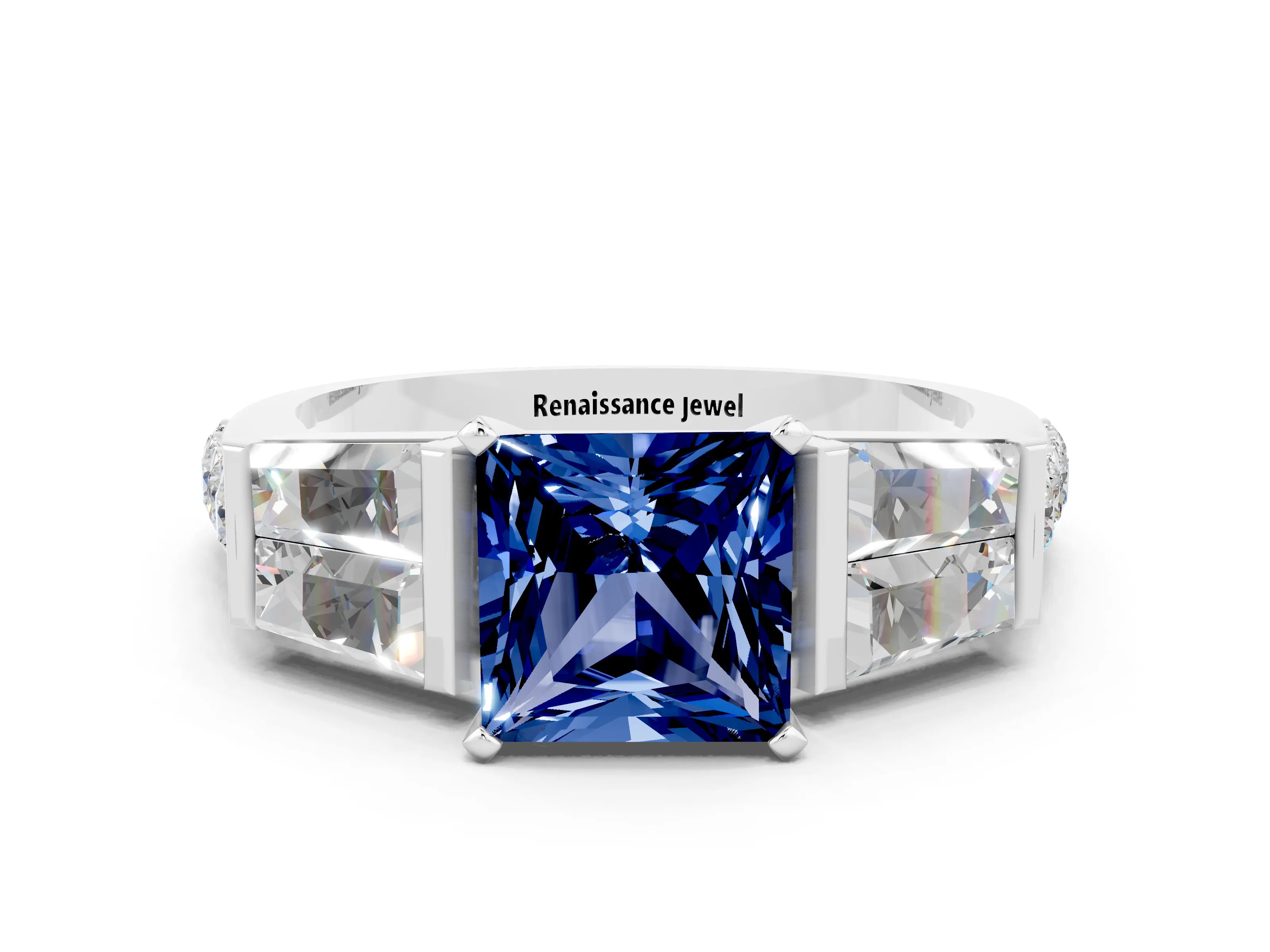 White gold Princess Cut Blue Sapphire Engagement Ring with Baguette Side Stones and Channel Set Band