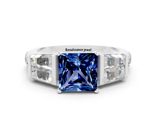 Platinum Princess Cut Blue Sapphire Engagement Ring with Baguette Side Stones and Channel Set Band