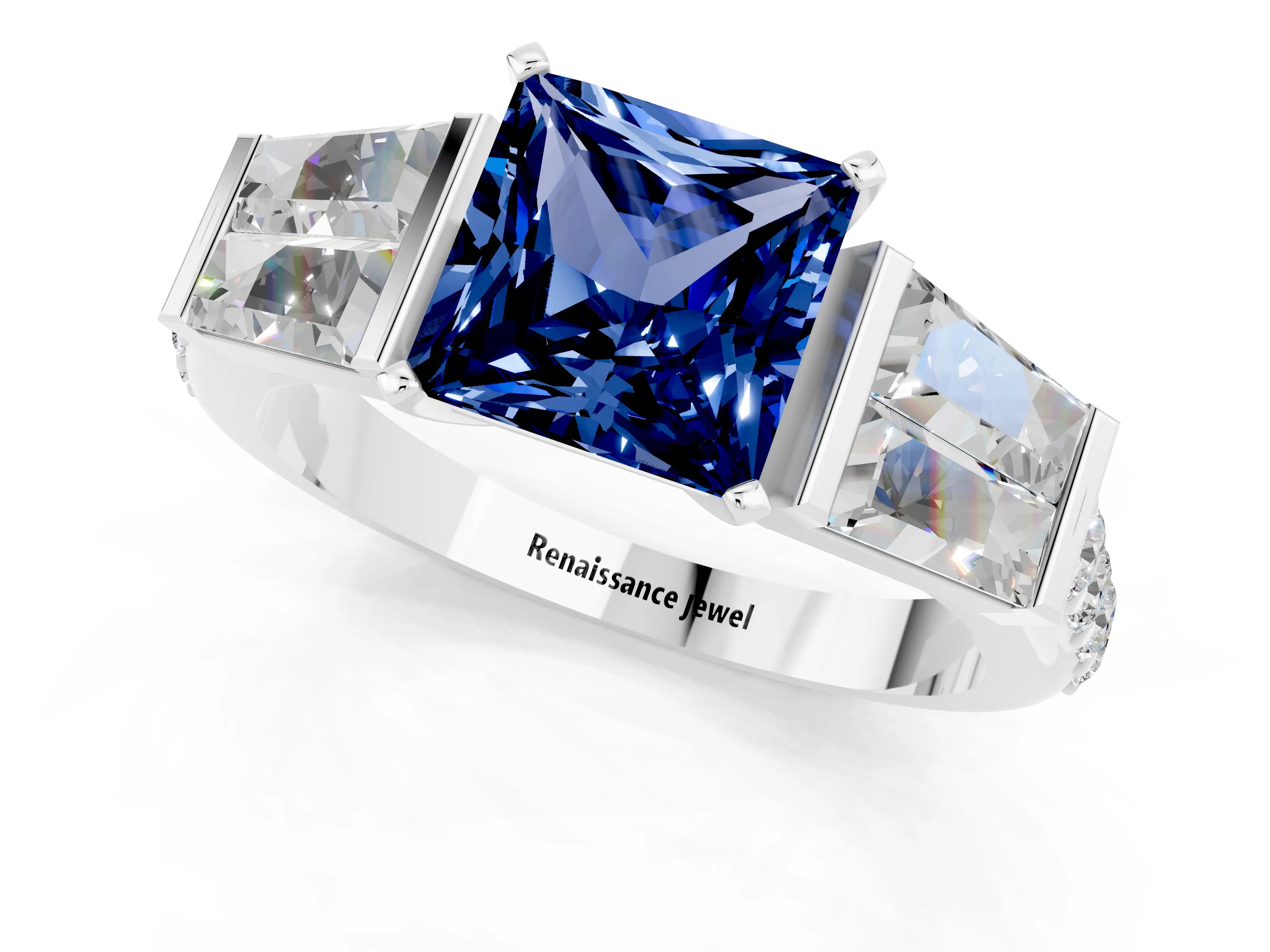 White gold Princess Cut Blue Sapphire Engagement Ring with Baguette Side Stones and Channel Set Band_1