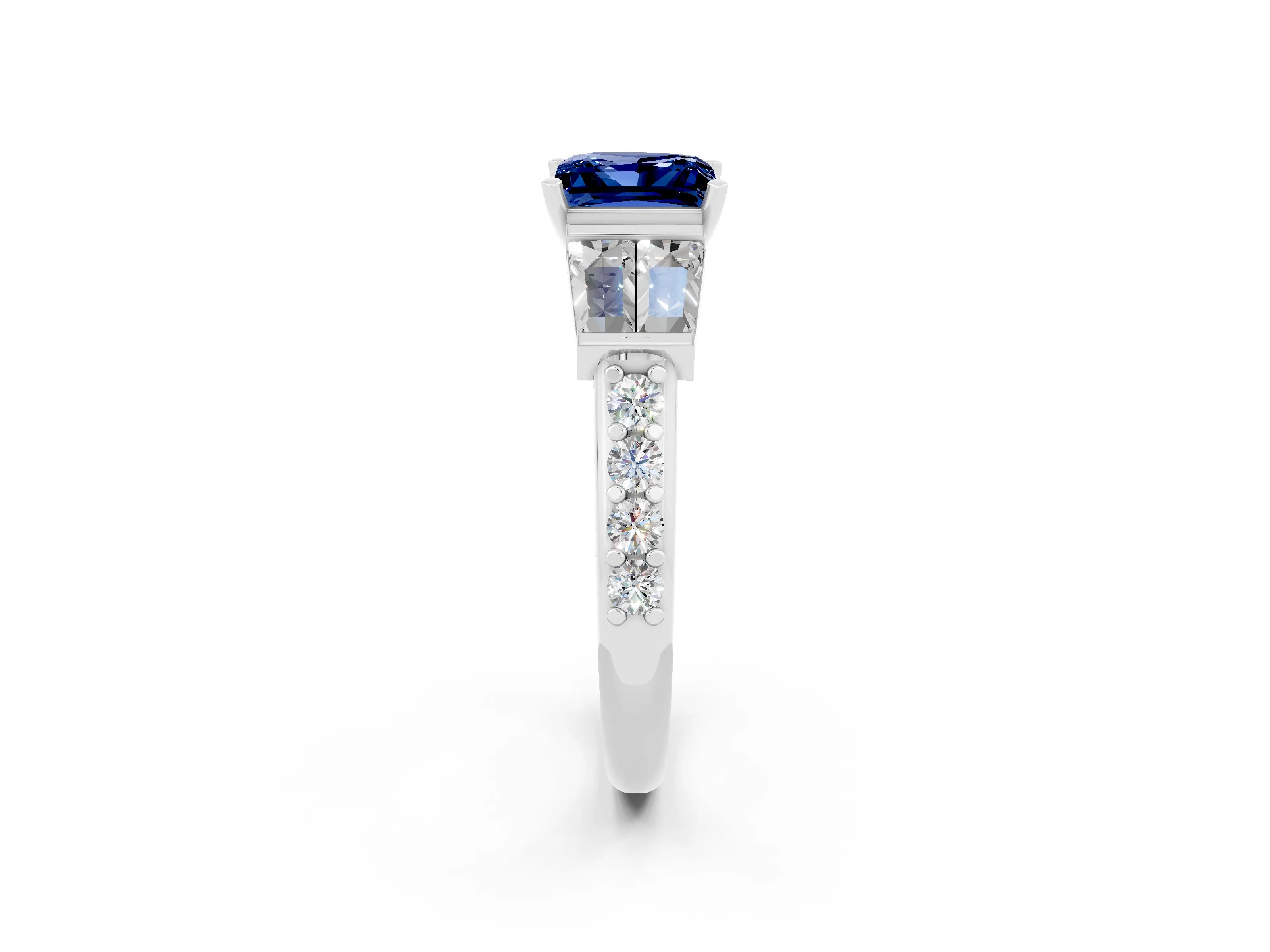 White gold Princess Cut Blue Sapphire Engagement Ring with Baguette Side Stones and Channel Set Band_2