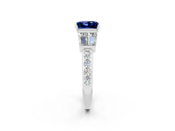 White gold Princess Cut Blue Sapphire Engagement Ring with Baguette Side Stones and Channel Set Band