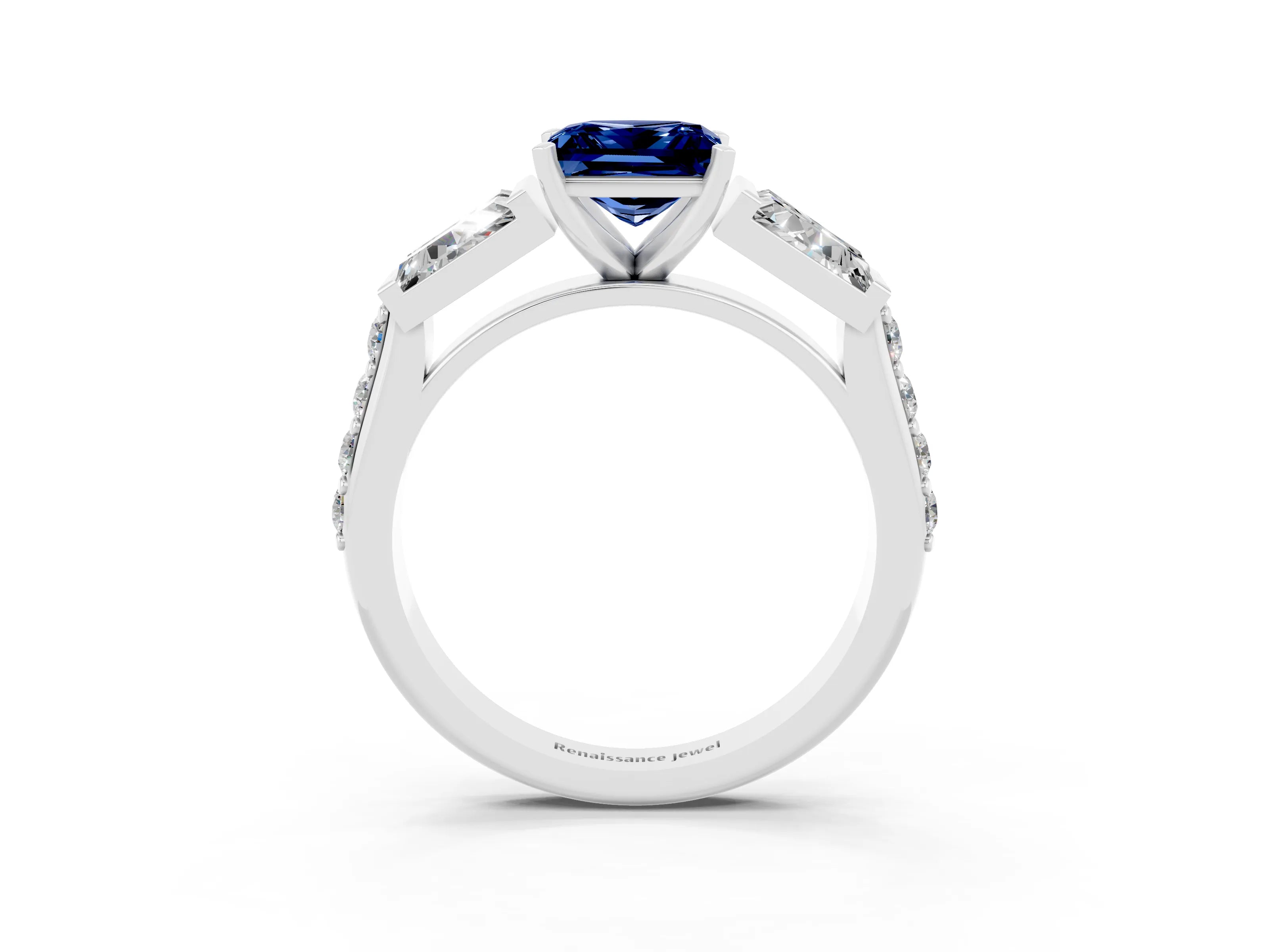 White gold Princess Cut Blue Sapphire Engagement Ring with Baguette Side Stones and Channel Set Band_3