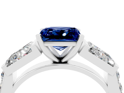 White gold Princess Cut Blue Sapphire Engagement Ring with Baguette Side Stones and Channel Set Band_4