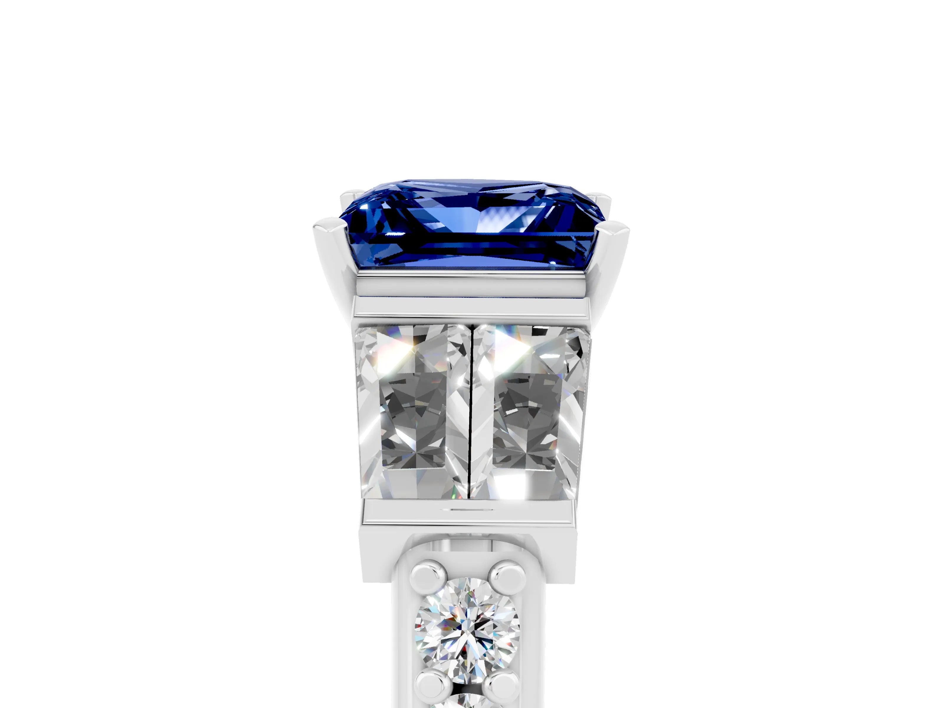 White gold Princess Cut Blue Sapphire Engagement Ring with Baguette Side Stones and Channel Set Band_5