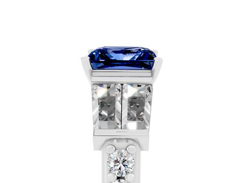 White gold Princess Cut Blue Sapphire Engagement Ring with Baguette Side Stones and Channel Set Band_5
