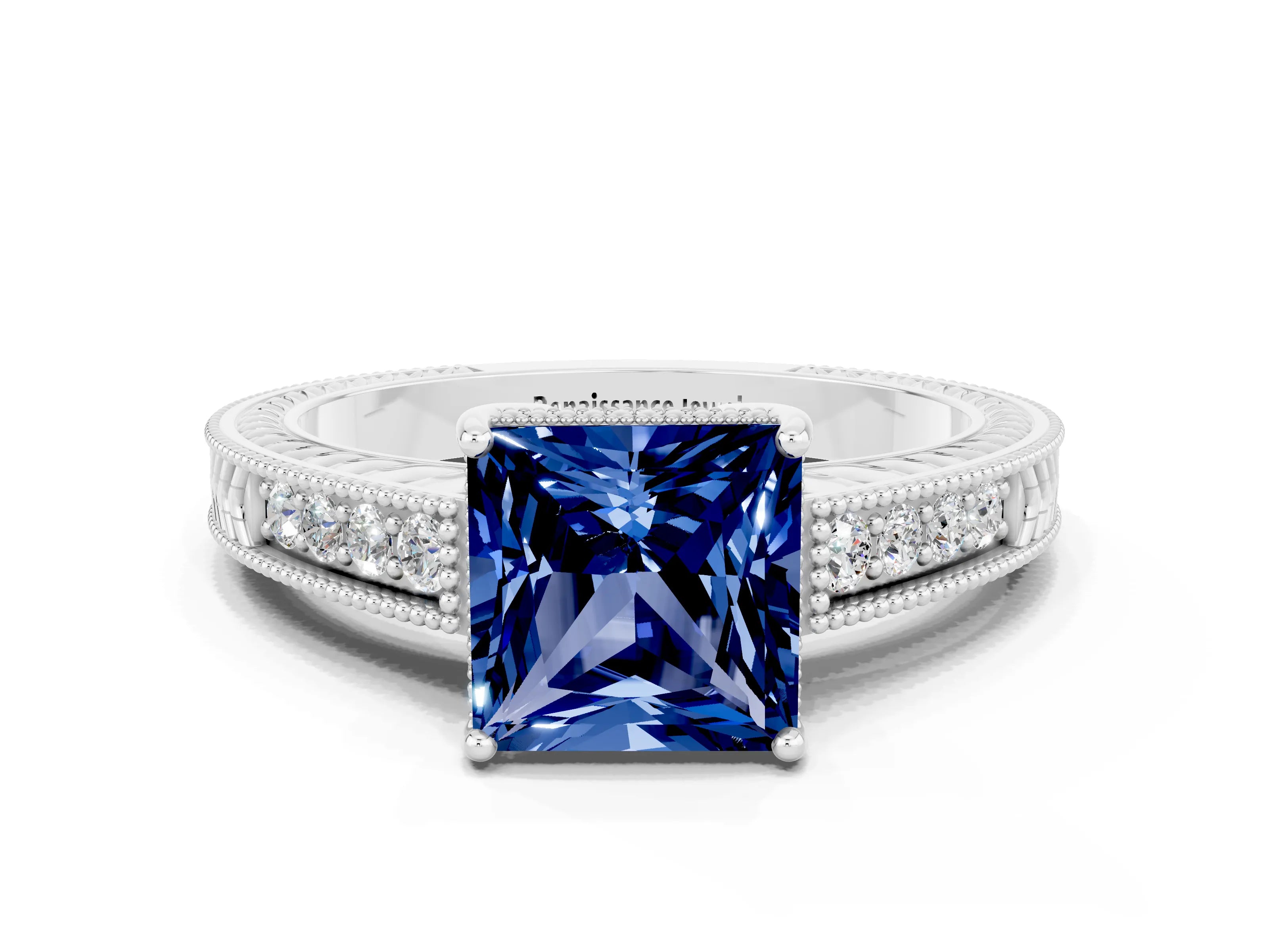 White gold Princess Cut Blue Sapphire Engagement Ring with Milgrain Channel Set Band and Prong Setting
