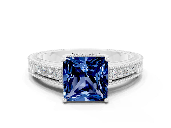 Silver Princess Cut Blue Sapphire Engagement Ring with Milgrain Channel Set Band and Prong Setting