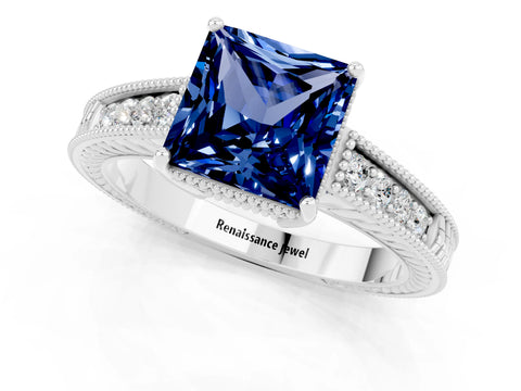 White gold Princess Cut Blue Sapphire Engagement Ring with Milgrain Channel Set Band and Prong Setting_1
