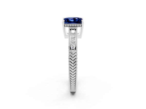 White gold Princess Cut Blue Sapphire Engagement Ring with Milgrain Channel Set Band and Prong Setting