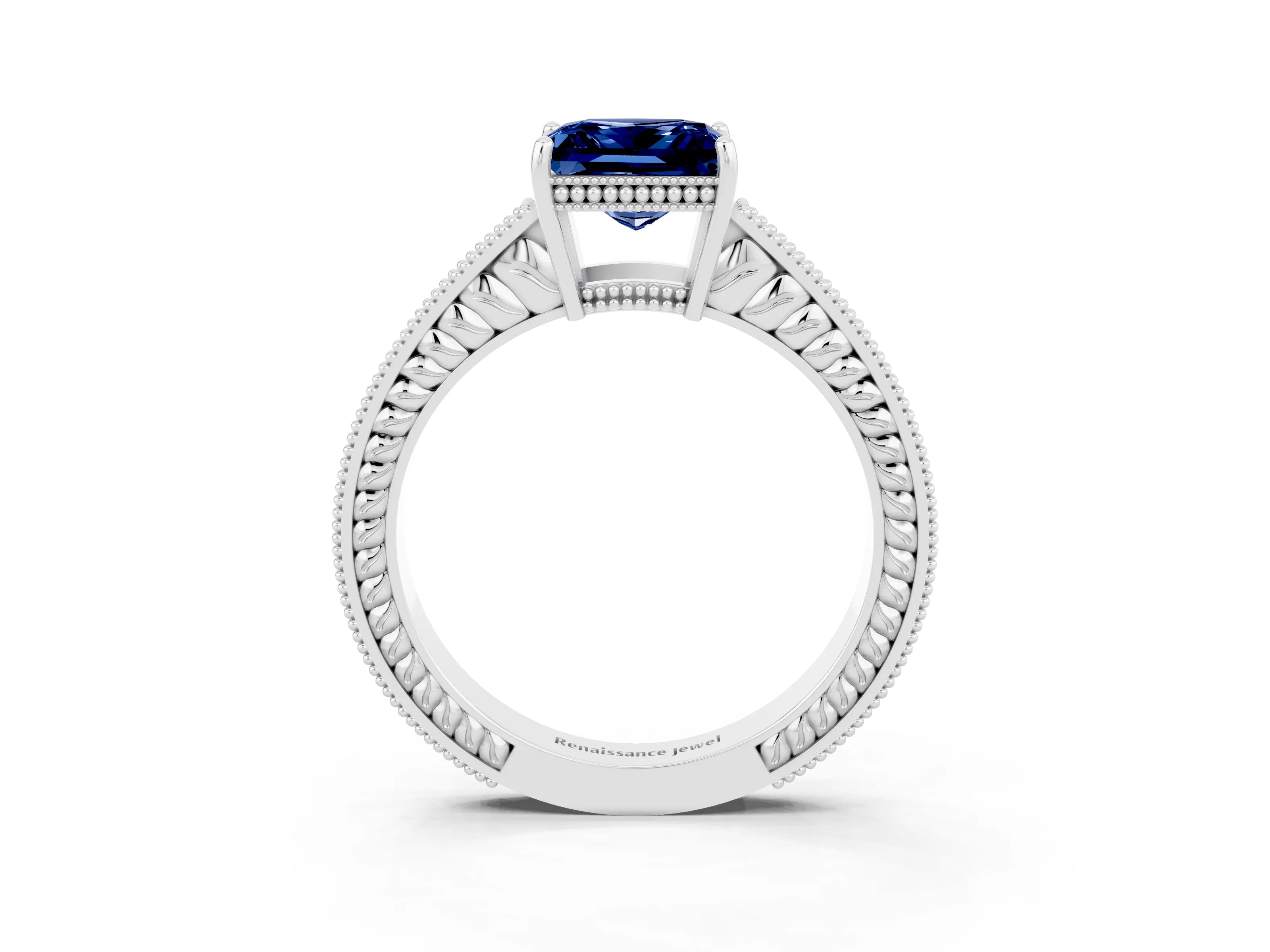 White gold Princess Cut Blue Sapphire Engagement Ring with Milgrain Channel Set Band and Prong Setting_3