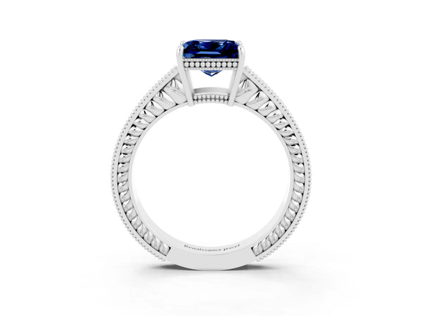 Silver Princess Cut Blue Sapphire Engagement Ring with Milgrain Channel Set Band and Prong Setting