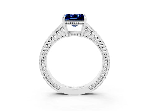 White gold Princess Cut Blue Sapphire Engagement Ring with Milgrain Channel Set Band and Prong Setting_3