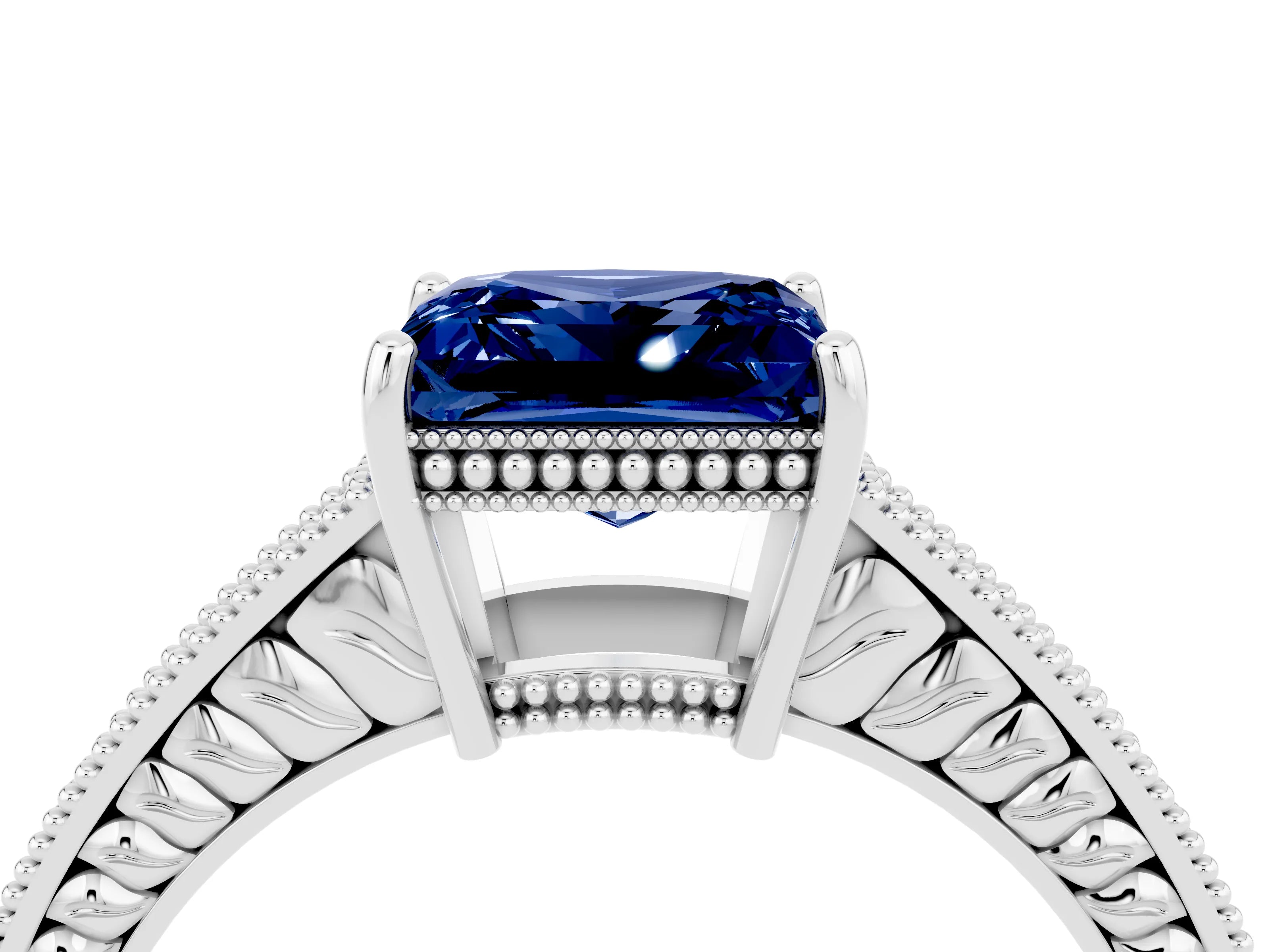 White gold Princess Cut Blue Sapphire Engagement Ring with Milgrain Channel Set Band and Prong Setting_4