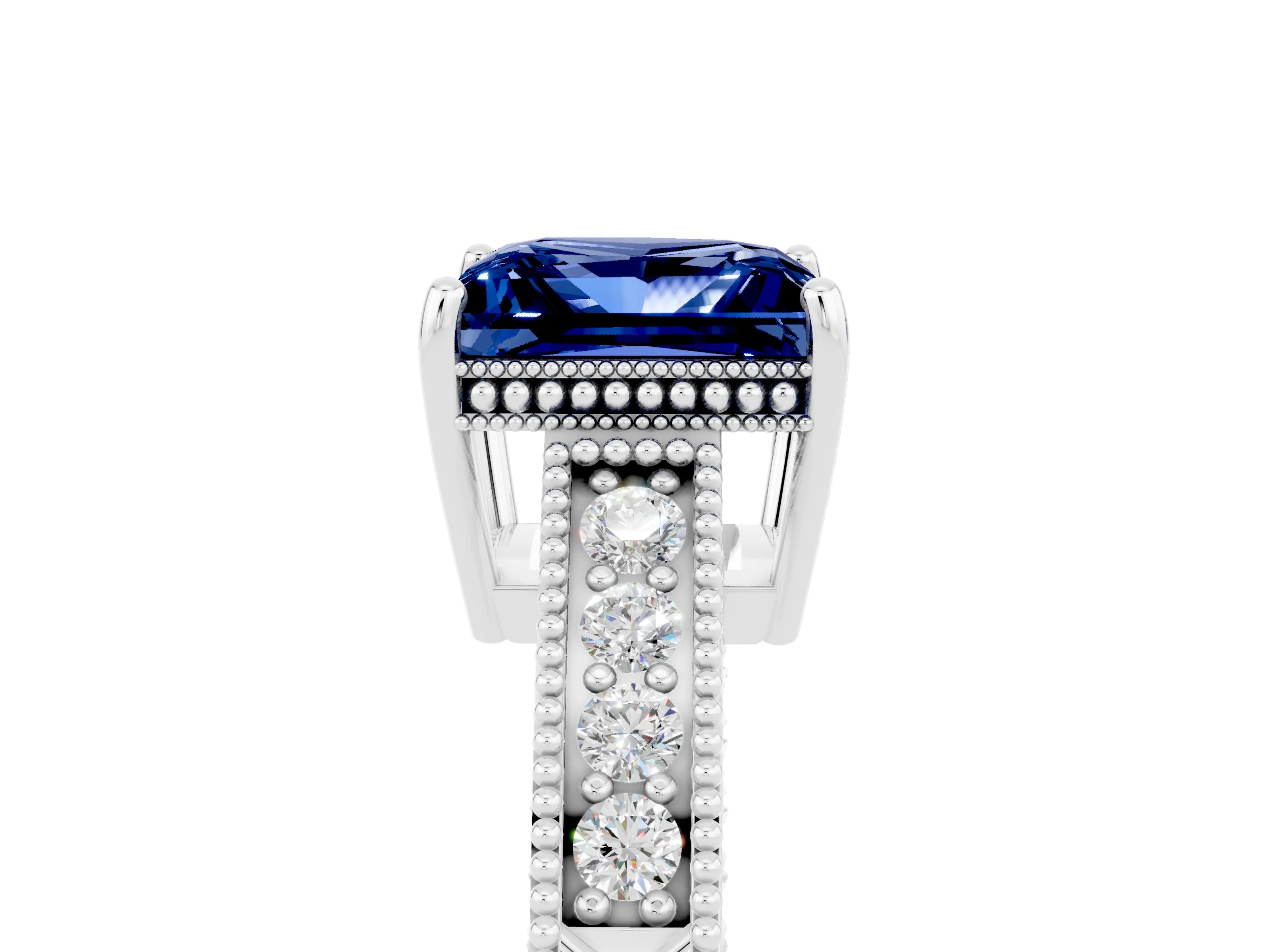 White gold Princess Cut Blue Sapphire Engagement Ring with Milgrain Channel Set Band and Prong Setting_5