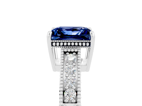 White gold Princess Cut Blue Sapphire Engagement Ring with Milgrain Channel Set Band and Prong Setting_5