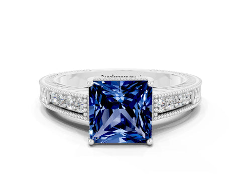 White gold Princess Cut Blue Sapphire Engagement Ring with Milgrain Channel Set Band and Prong Setting