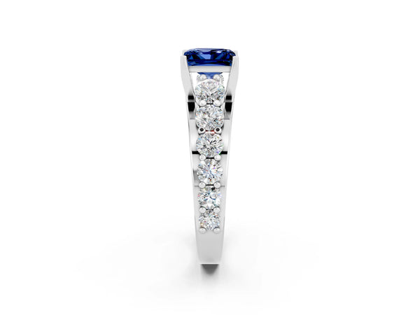 Silver Princess Cut Blue Sapphire Engagement Ring with Pavé Band and Four-Prong Setting