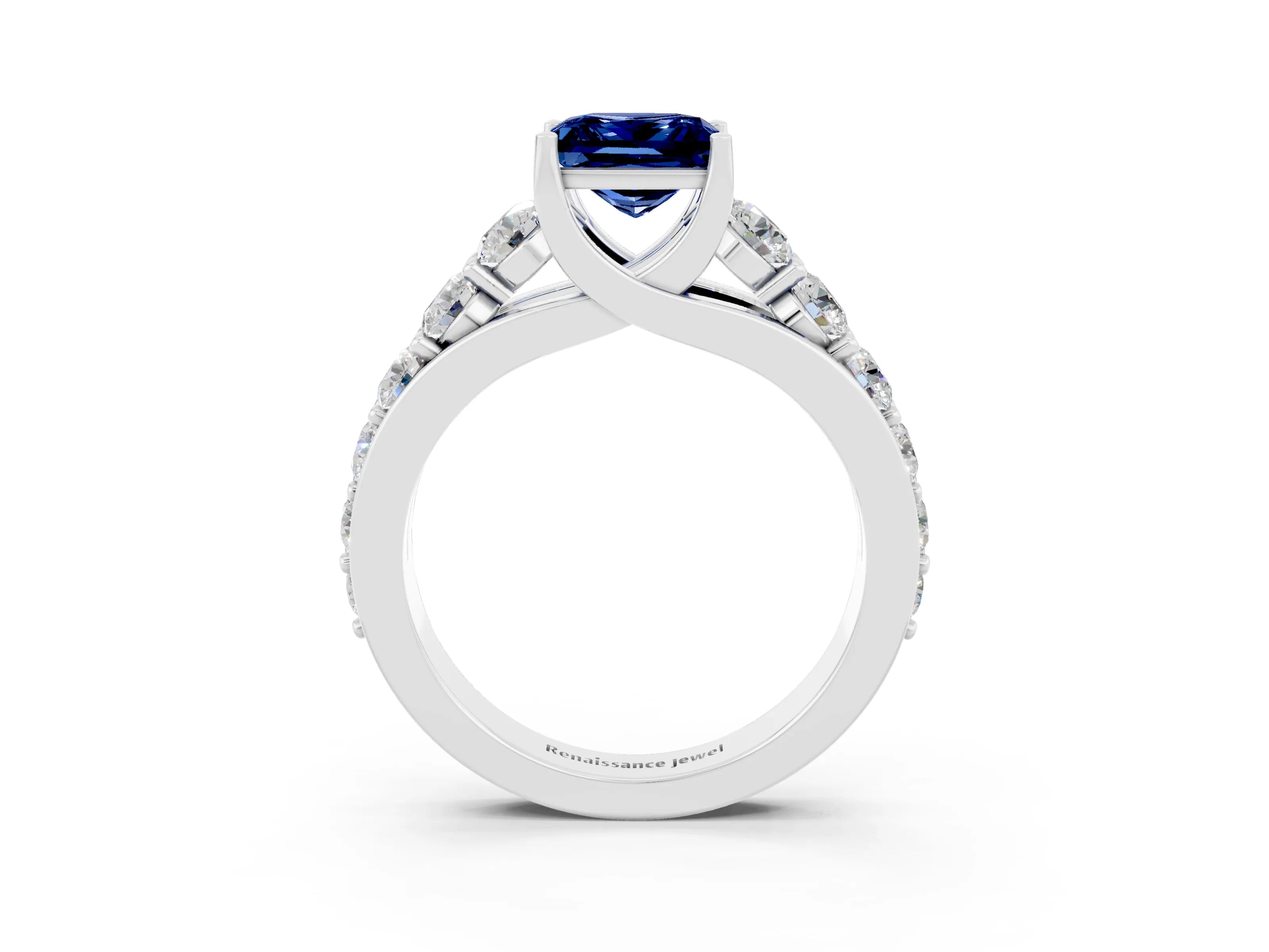 White gold Princess Cut Blue Sapphire Engagement Ring with Pavé Band and Four-Prong Setting_3