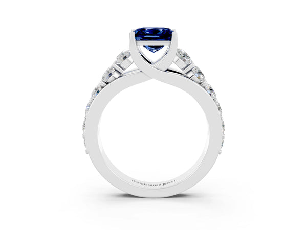 White gold Princess Cut Blue Sapphire Engagement Ring with Pavé Band and Four-Prong Setting