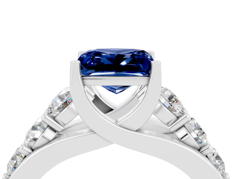 White gold Princess Cut Blue Sapphire Engagement Ring with Pavé Band and Four-Prong Setting_4