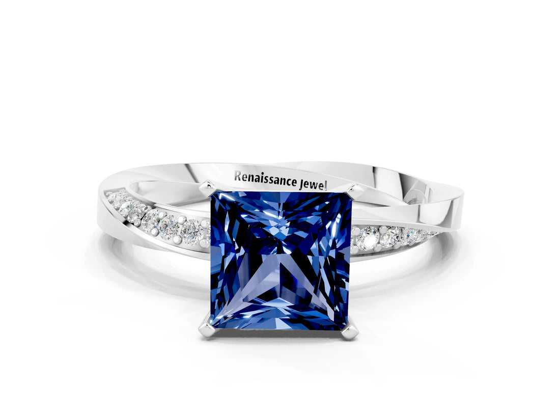 White gold Princess Cut Blue Sapphire Engagement Ring with Side Stone Accents and Four-Prong Setting_39